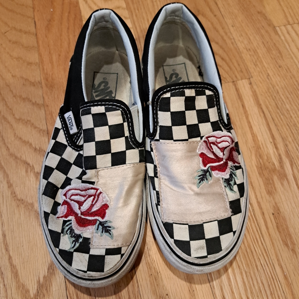 Vans Black and Cream Slip-On Sneakers Iconic Checkerboard Design